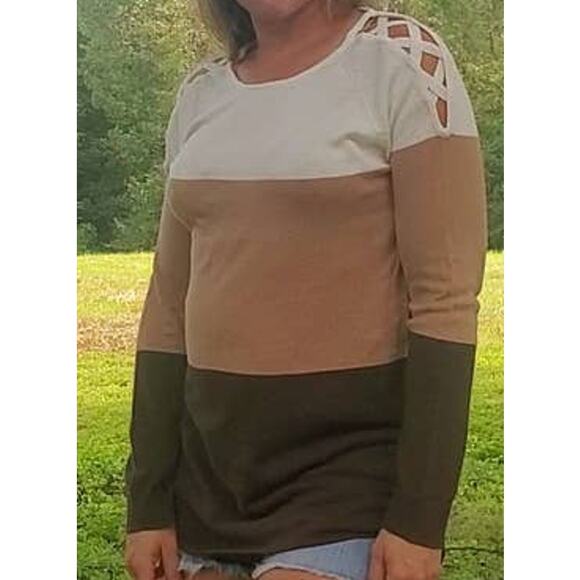 New York & Company lattice sleeve tunic sweater brown colorblock medium - Picture 3 of 3